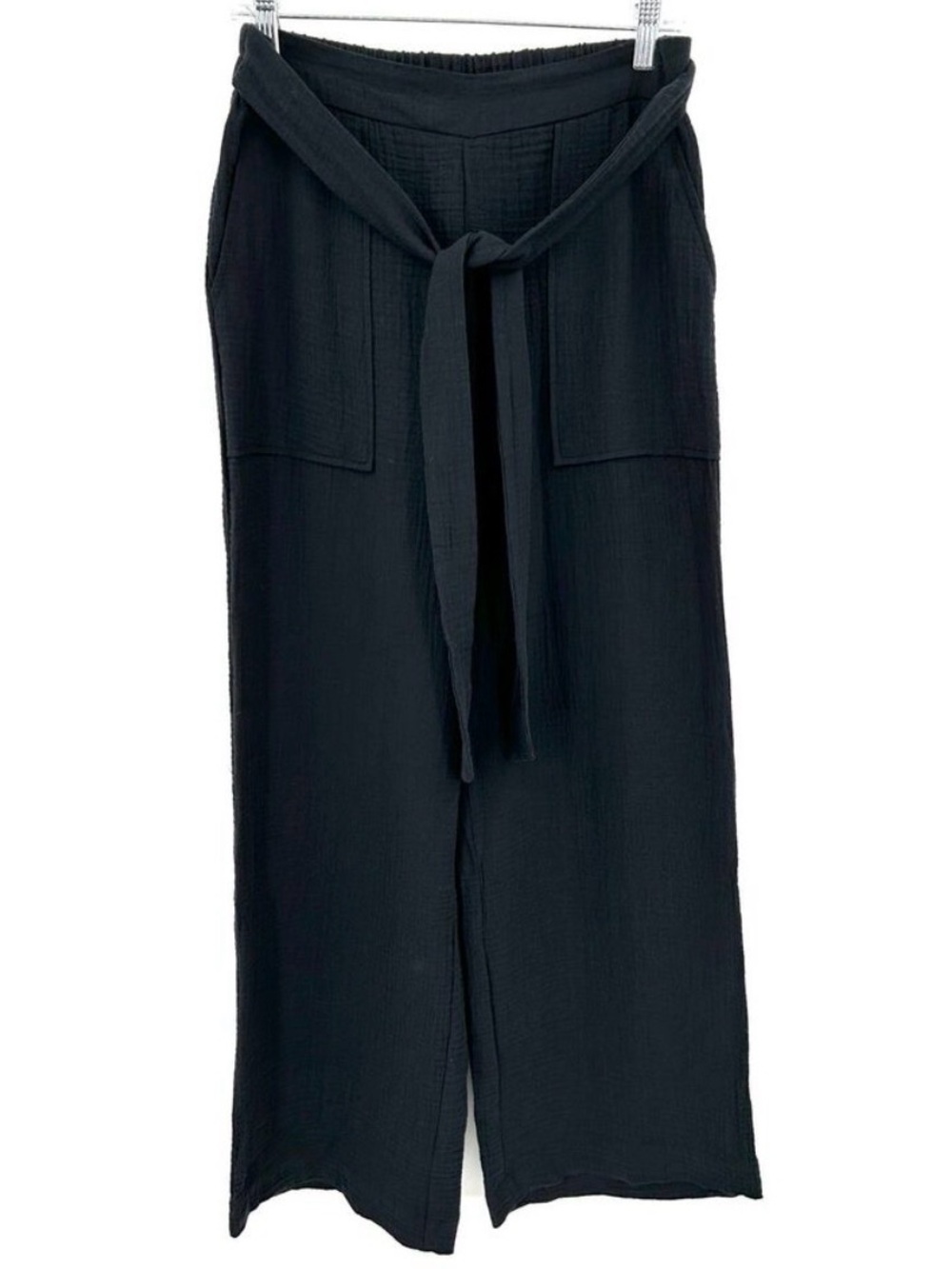 Drew Gauzy Cotton Wide Leg Pants M Black Pull On Tie Waist Coastal Grandpa EUC
